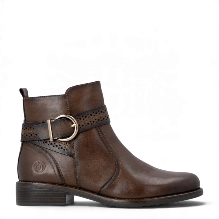 ada-shoes.ro Remonte brown faux leather ankle boots with a decorative perforated strap and gold buckle