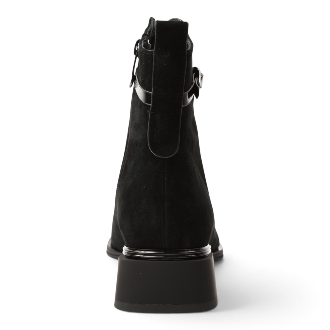 Back view of black suede Anna Viotti ankle boots from ada-shoes.ro featuring a stable block heel and pull tab.