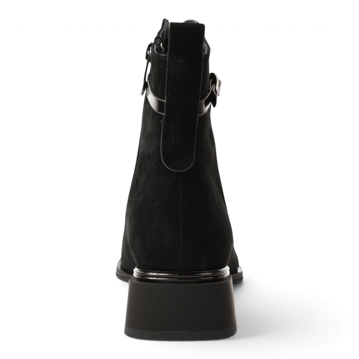 Back view of black suede Anna Viotti ankle boots from ada-shoes.ro featuring a stable block heel and pull tab.