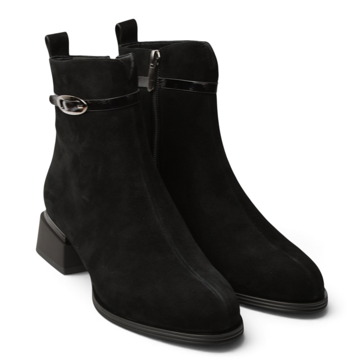 ada-shoes.ro Anna Viotti black suede ankle boots with side zipper, low block heel, and decorative buckle strap detail.
