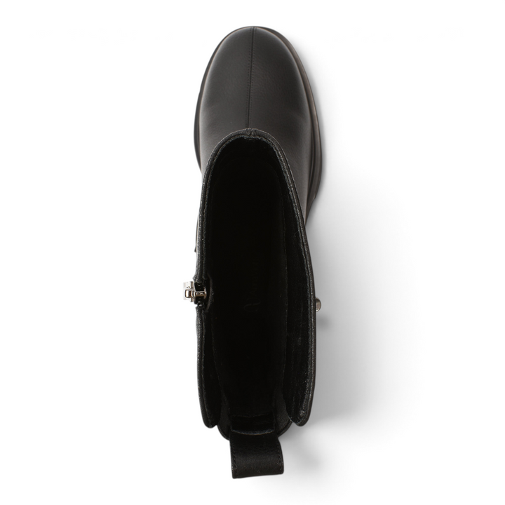 Top view of black leather Anna Viotti ankle boots from ada-shoes.ro featuring a side zipper and pull tab