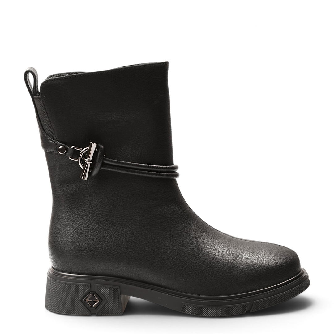 ada-shoes.ro Anna Viotti black leather ankle boots with decorative side buckle and low block heel