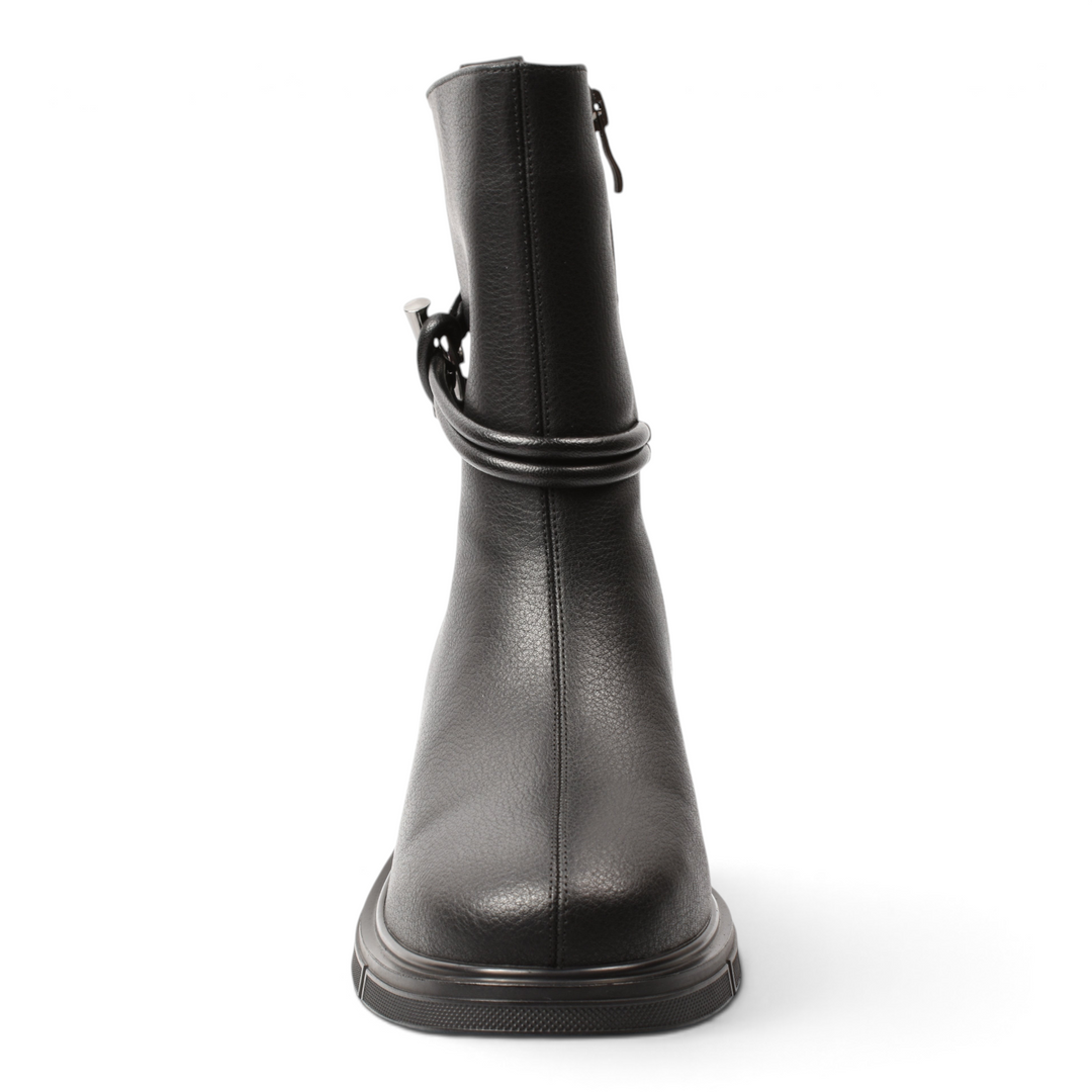 ada-shoes.ro Anna Viotti black leather ankle boots with decorative strap and side zipper, front view