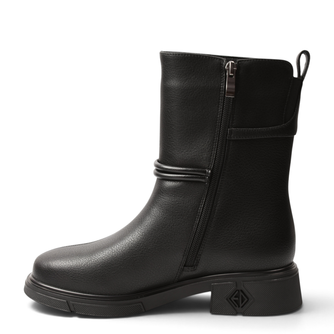 ada-shoes.ro Anna Viotti black leather ankle boots with side zipper, decorative front details, and 4cm block heel