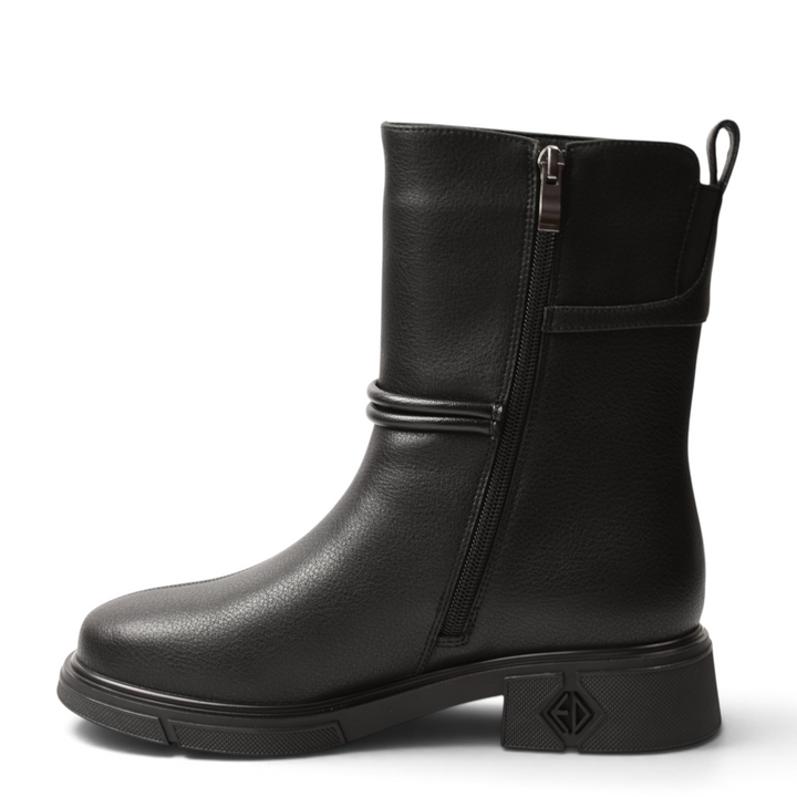 ada-shoes.ro Anna Viotti black leather ankle boots with side zipper, decorative front details, and 4cm block heel