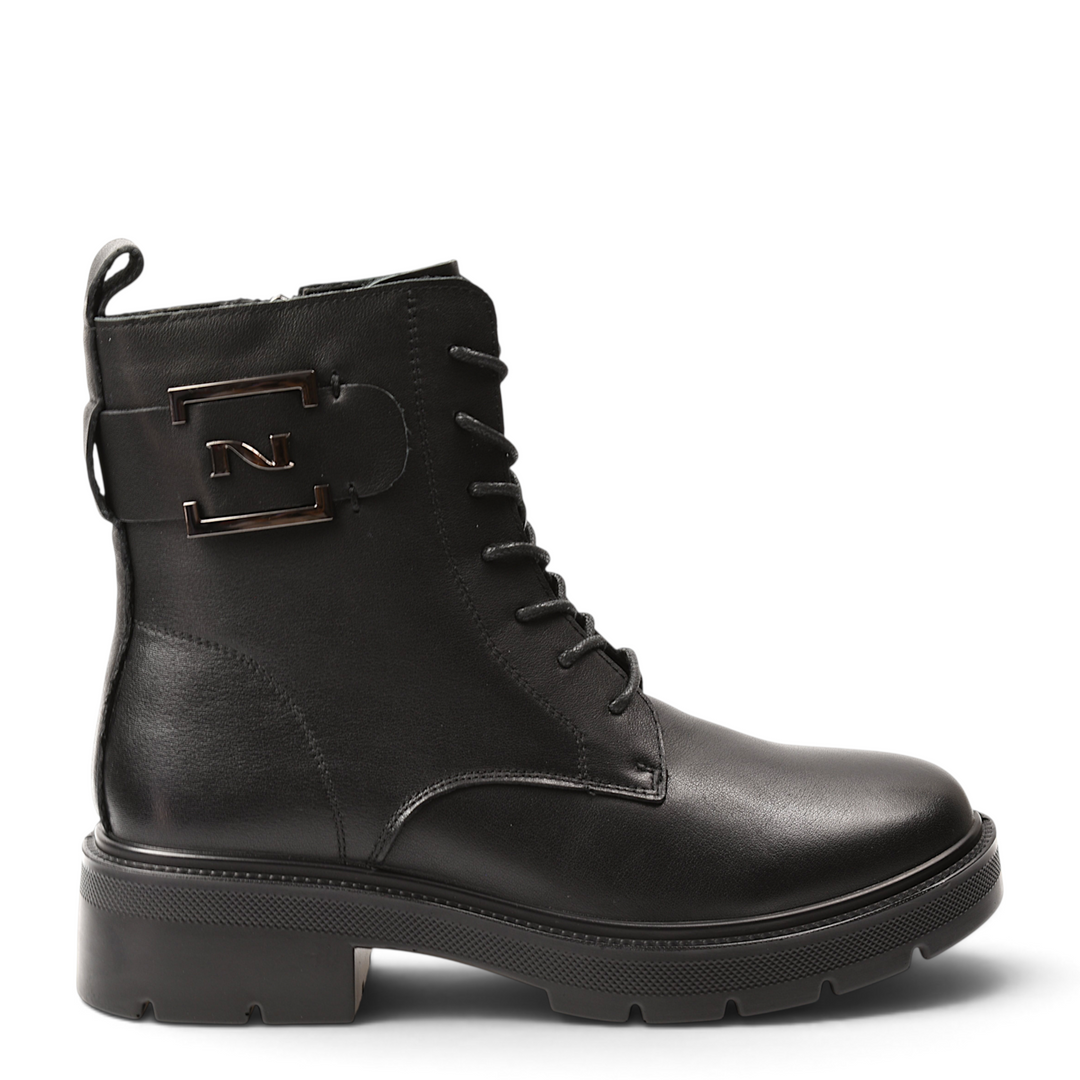 ada-shoes.ro Anna Viotti black leather ankle boots with side zipper, decorative buckle, and 5cm block heel