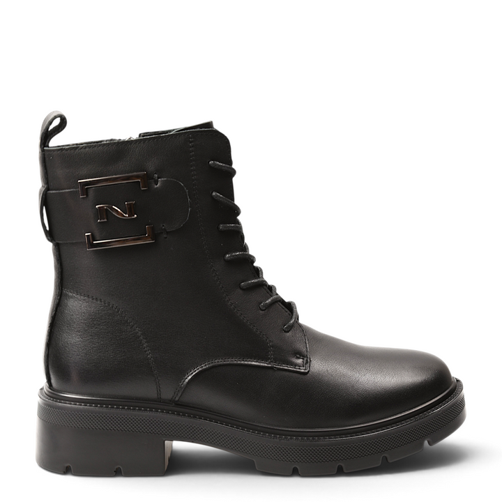 ada-shoes.ro Anna Viotti black leather ankle boots with side zipper, decorative buckle, and 5cm block heel