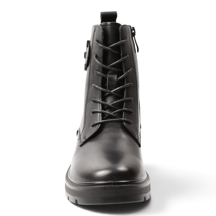 ada-shoes.ro black leather ankle boots with lace-up front, side zipper, and decorative buckle detail