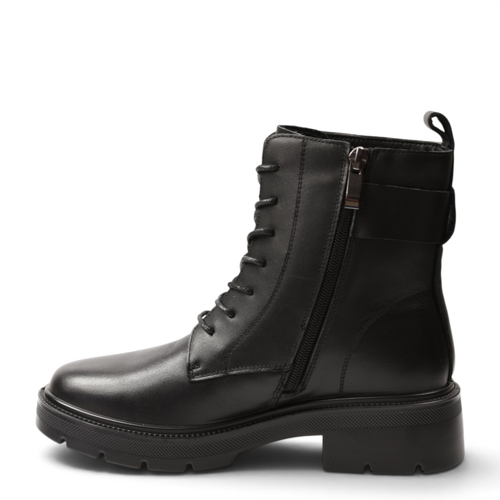 ada-shoes.ro Anna Viotti black leather ankle boots with side zipper, lace-up front, and chunky sole