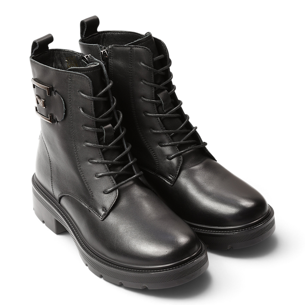 ada-shoes.ro black leather ankle boots with laces, side zipper, decorative buckle, and a 5cm block heel.
