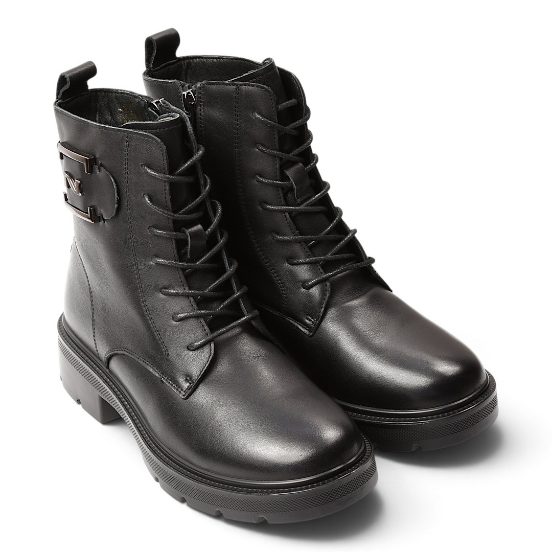 ada-shoes.ro black leather ankle boots with laces, side zipper, decorative buckle, and a 5cm block heel.