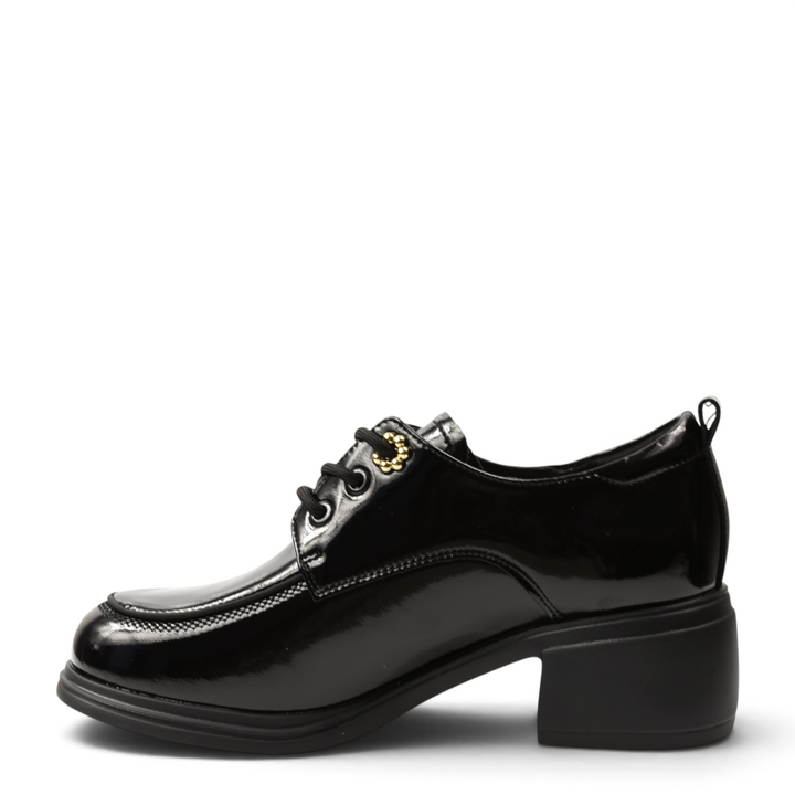 ada-shoes.ro Anna Viotti black patent leather Oxford-style casual shoes with gold eyelet details and a stable block heel.