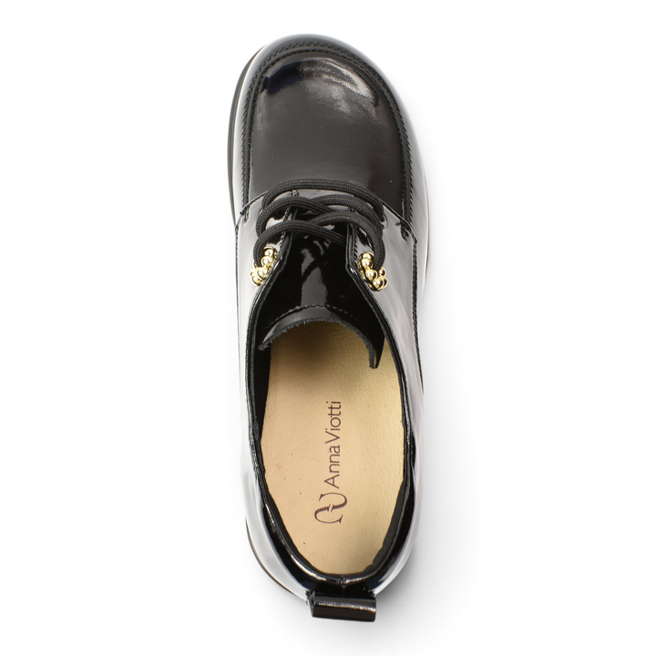 ada-shoes.ro Anna Viotti black patent leather casual shoes with gold lace details, top view