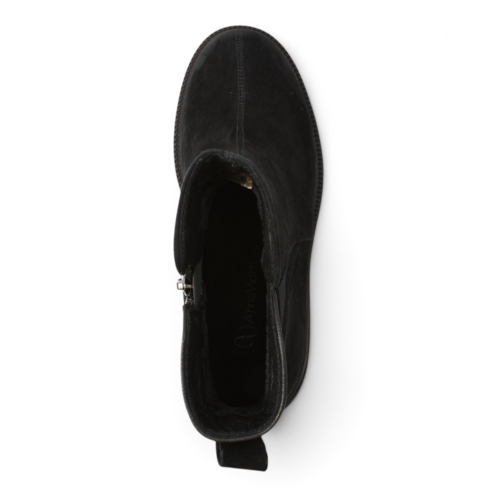 Top view of black suede Anna Viotti ankle boots from ada-shoes.ro with a rounded toe and side zipper closure.