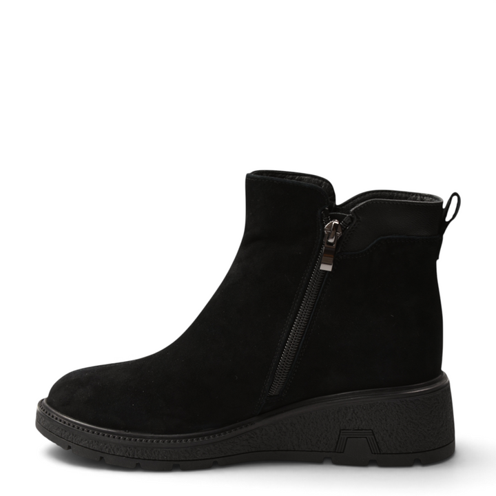 ada-shoes.ro Anna Viotti black suede ankle boots with side zipper and comfortable 3.5 cm wedge sole