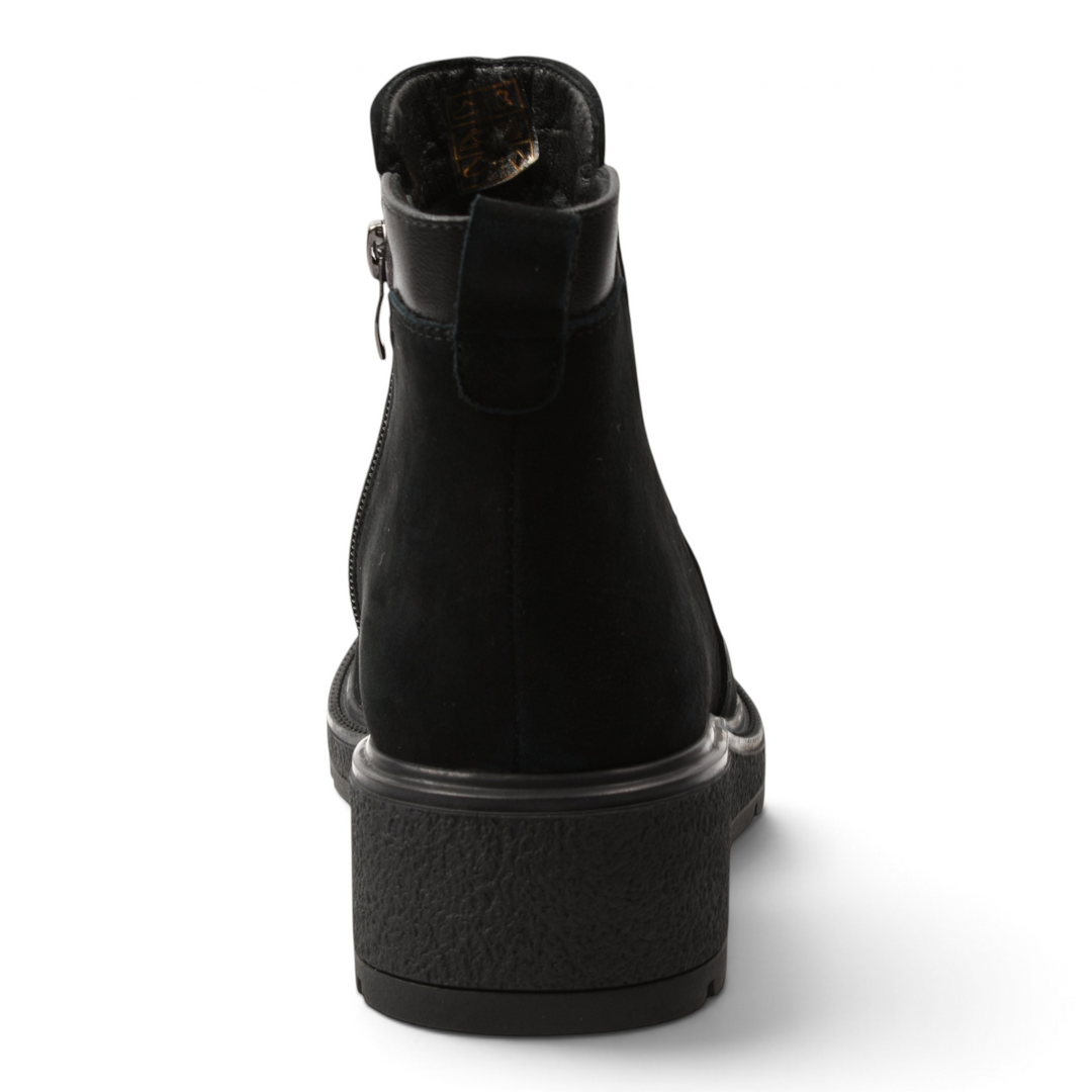 ada-shoes.ro Anna Viotti black suede ankle boots with a 3.5 cm platform sole and side zipper closure, back view