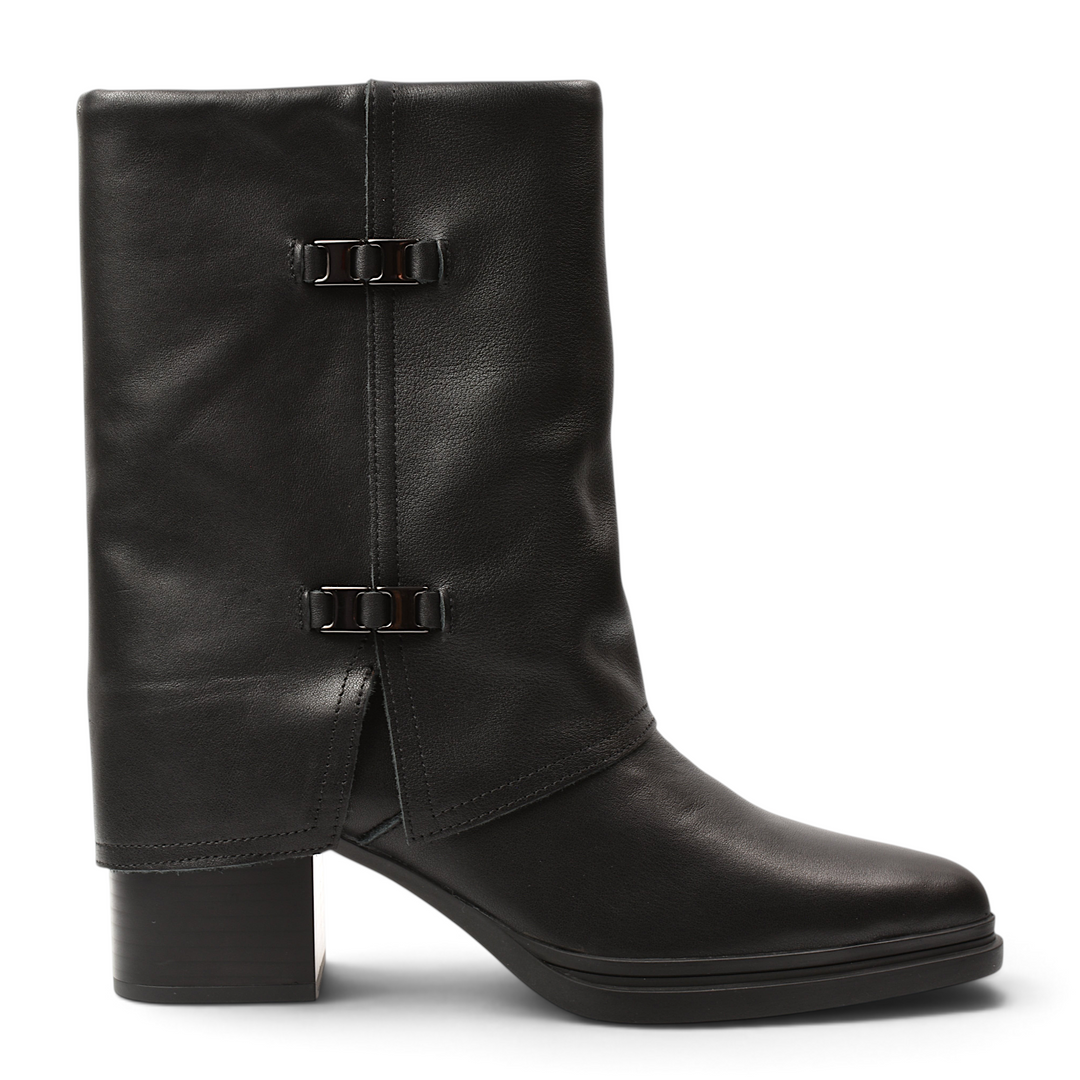 ada-shoes.ro Anna Viotti black leather mid-calf boots with metallic side buckles and a stable block heel