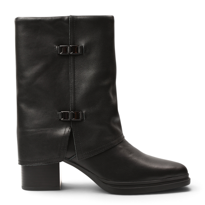 ada-shoes.ro Anna Viotti black leather mid-calf boots with metallic side buckles and a stable block heel