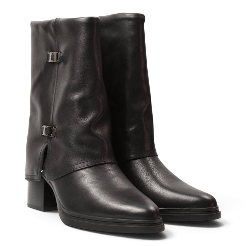 ada-shoes.ro Anna Viotti black leather mid-calf boots with metallic side accents and a stable block heel