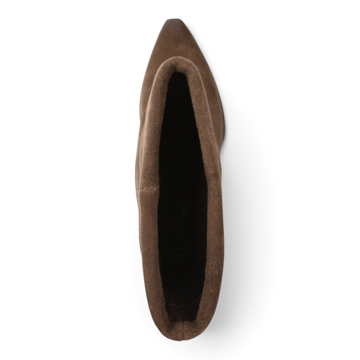 ada-shoes.ro Anna Viotti brown nubuck leather ankle boots with a pointed toe, viewed from above.