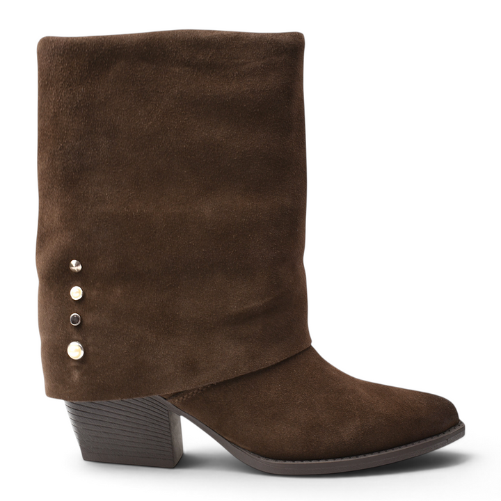 ada-shoes.ro Anna Viotti brown suede mid-calf boots with a folded cuff and decorative side studs