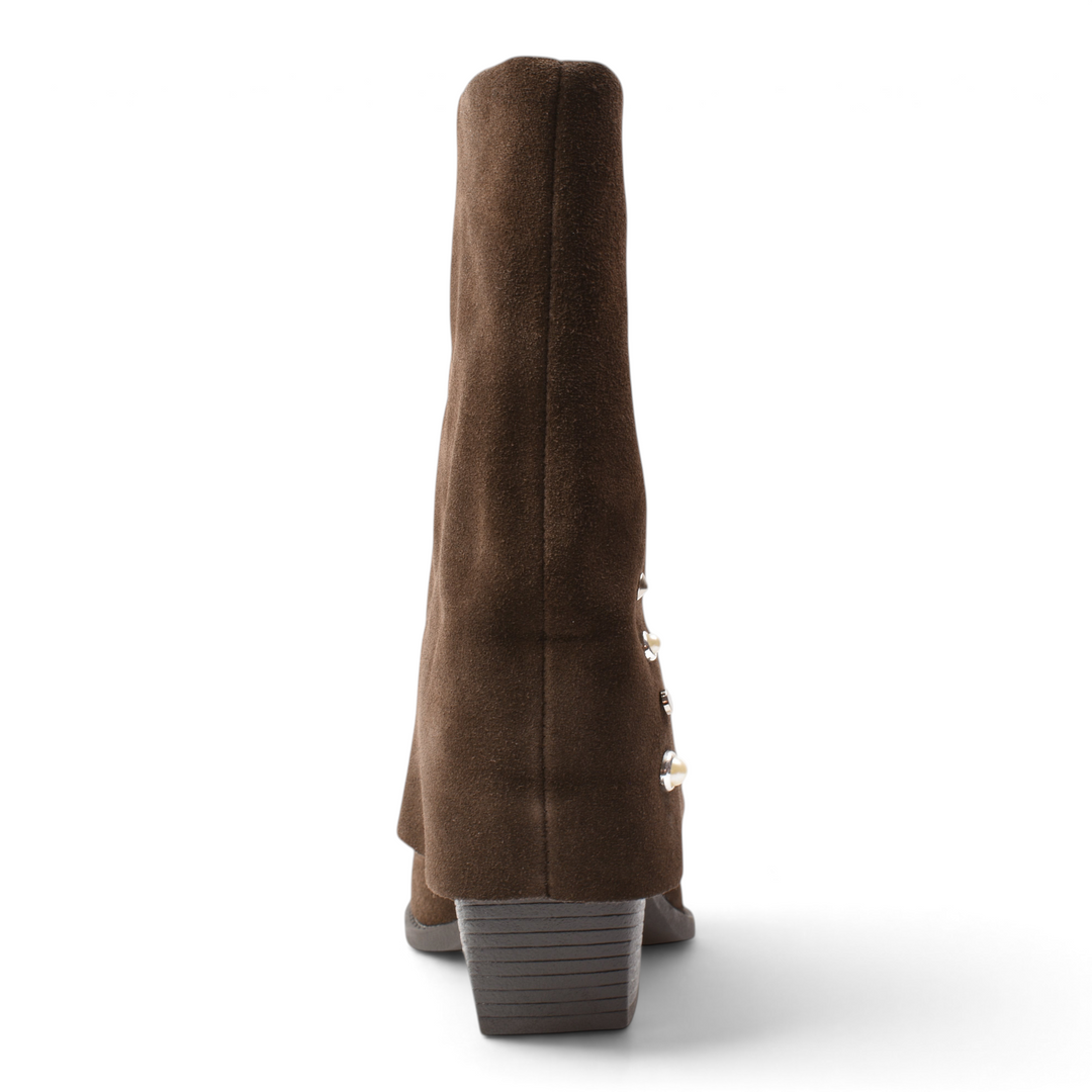 ada-shoes.ro brown suede boots with a block heel and decorative side detail, viewed from the back