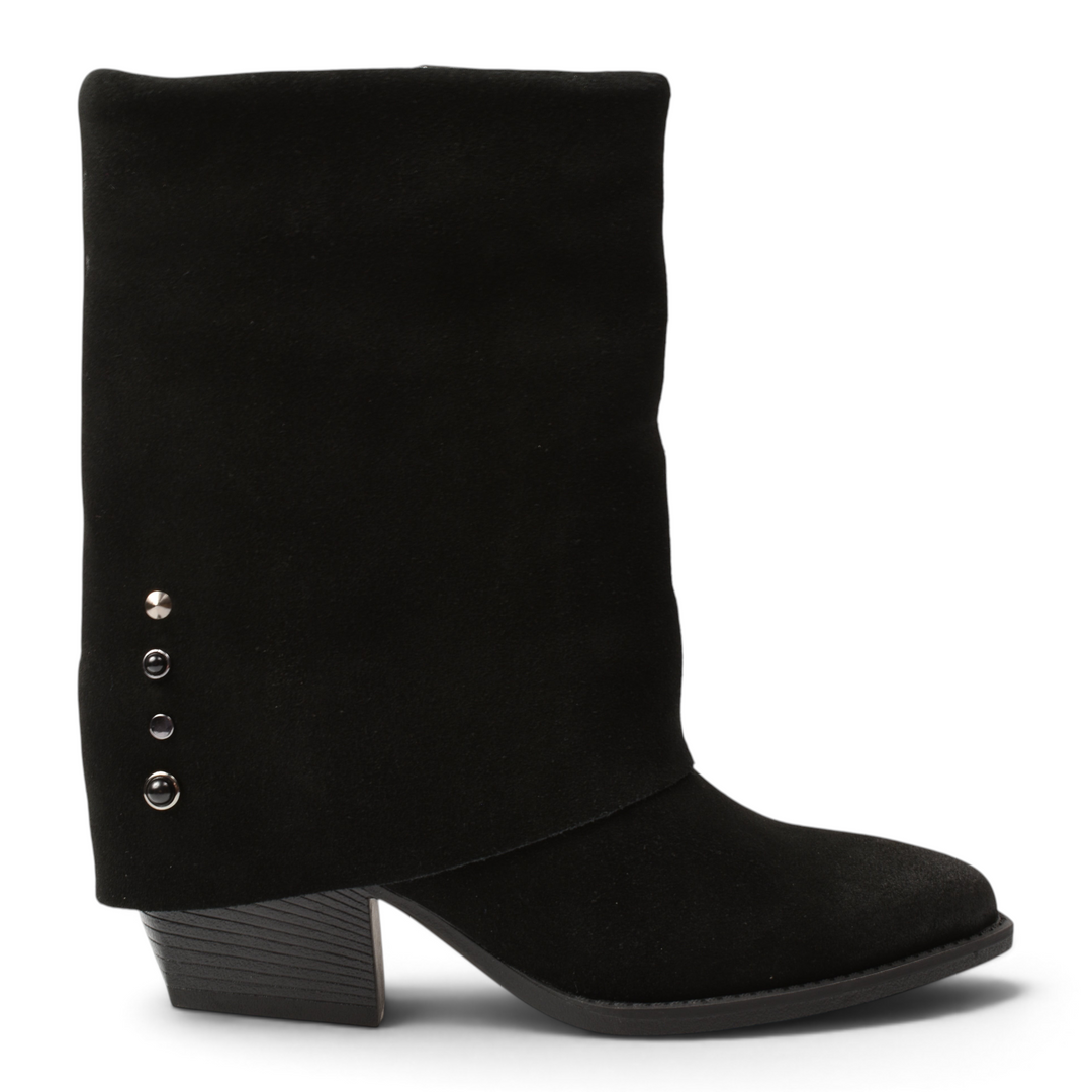 ada-shoes.ro Anna Viotti black suede western-style boots with a mid-calf height, block heel, and metal side studs.