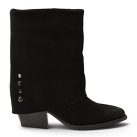 ada-shoes.ro Anna Viotti black suede western-style boots with a mid-calf height, block heel, and metal side studs.