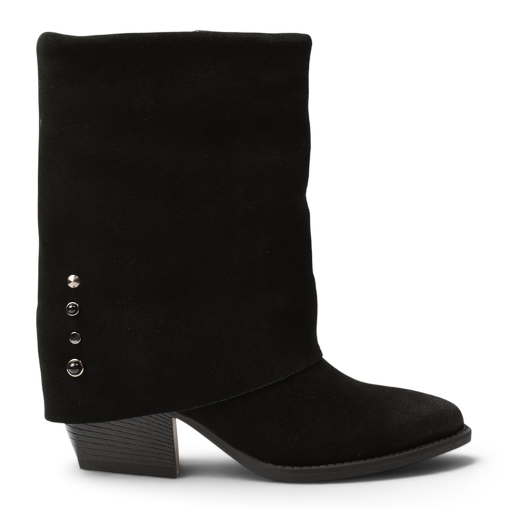 ada-shoes.ro Anna Viotti black suede western-style boots with a mid-calf height, block heel, and metal side studs.