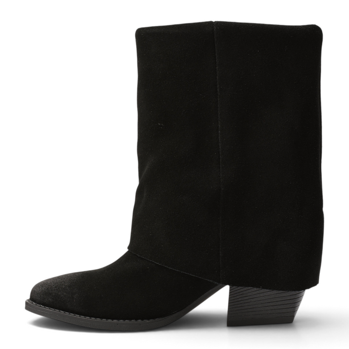 ada-shoes.ro Anna Viotti black suede western-style boots with a stable block heel and pointed toe.