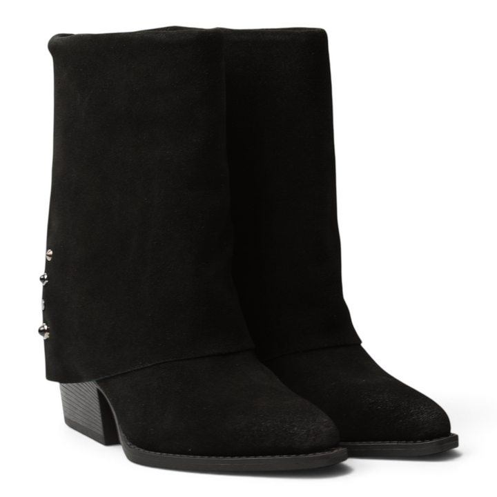 ada-shoes.ro Anna Viotti black suede western-style boots with a stable 4.5 cm heel and subtle side metal details.
