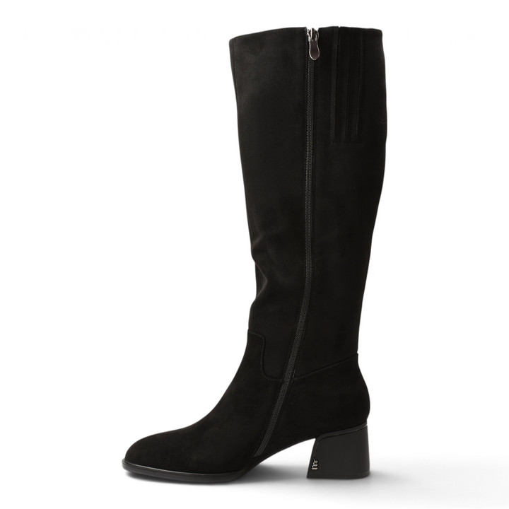 ada-shoes.ro black suede knee-high boots with a stable block heel and decorative ankle strap detail