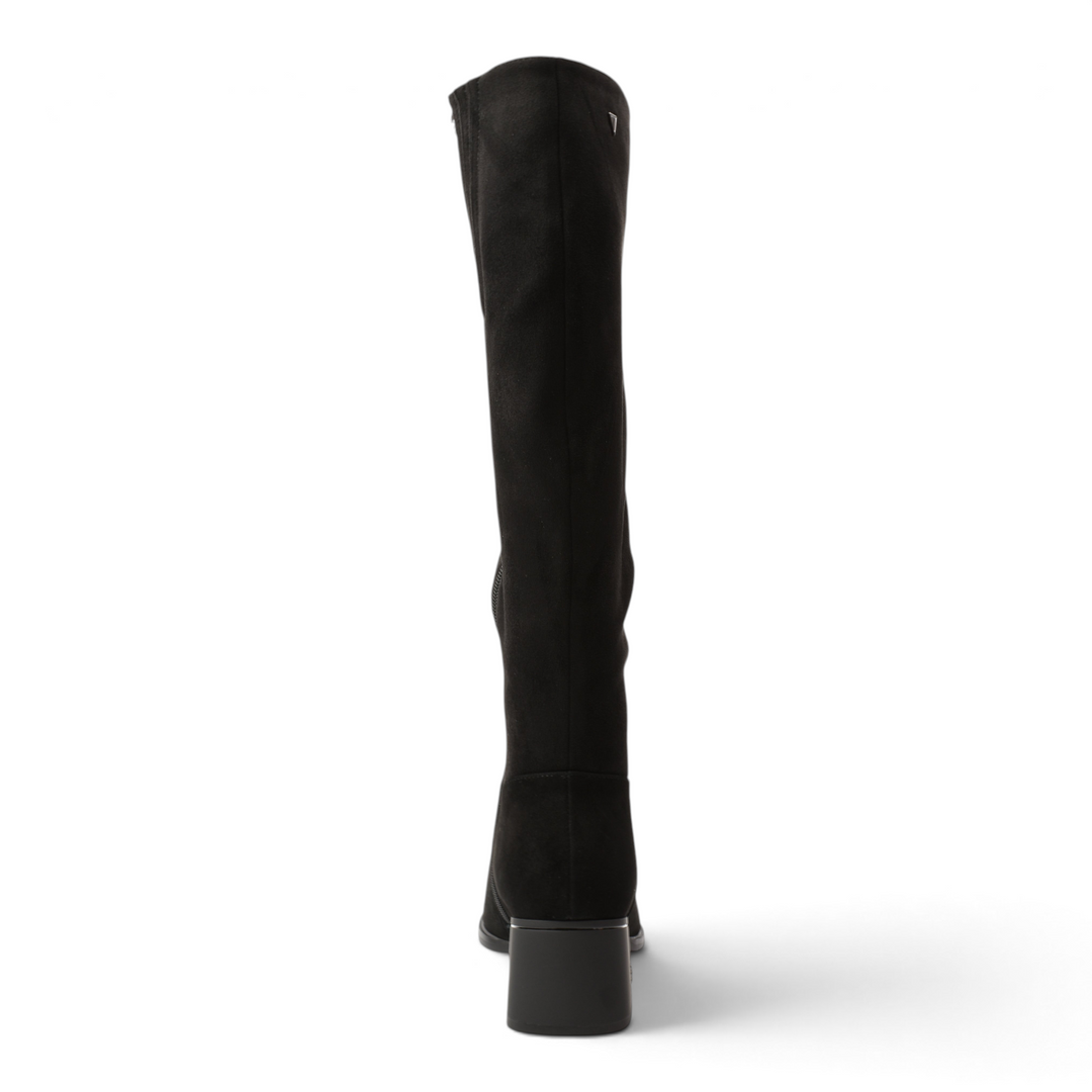 ada-shoes.ro Anna Viotti black suede knee-high boots with a stable block heel and decorative ankle strap
