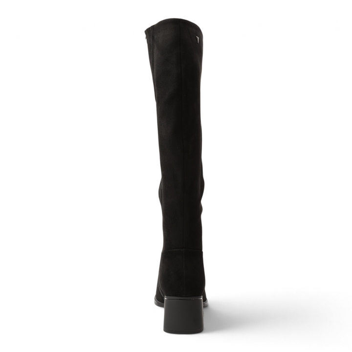 ada-shoes.ro Anna Viotti black suede knee-high boots with a stable block heel and decorative ankle strap