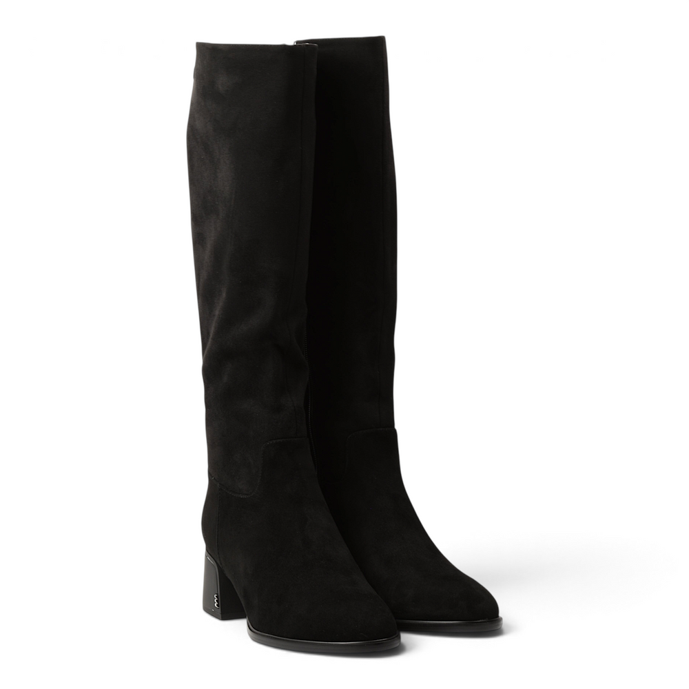 ada-shoes.ro black suede knee-high boots with a stable block heel and decorative ankle strap detail