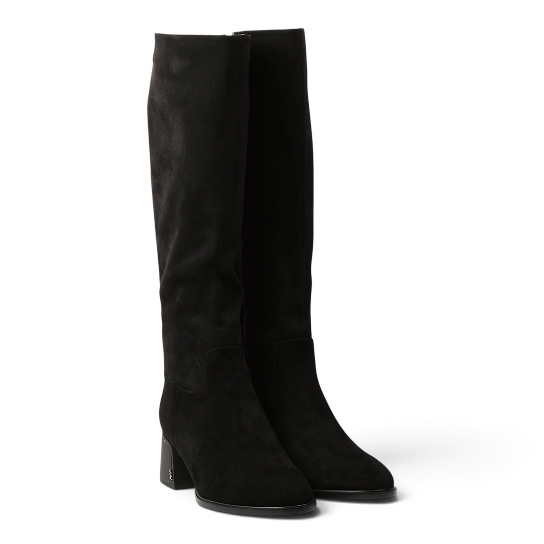 ada-shoes.ro black suede knee-high boots with a stable block heel and decorative ankle strap detail