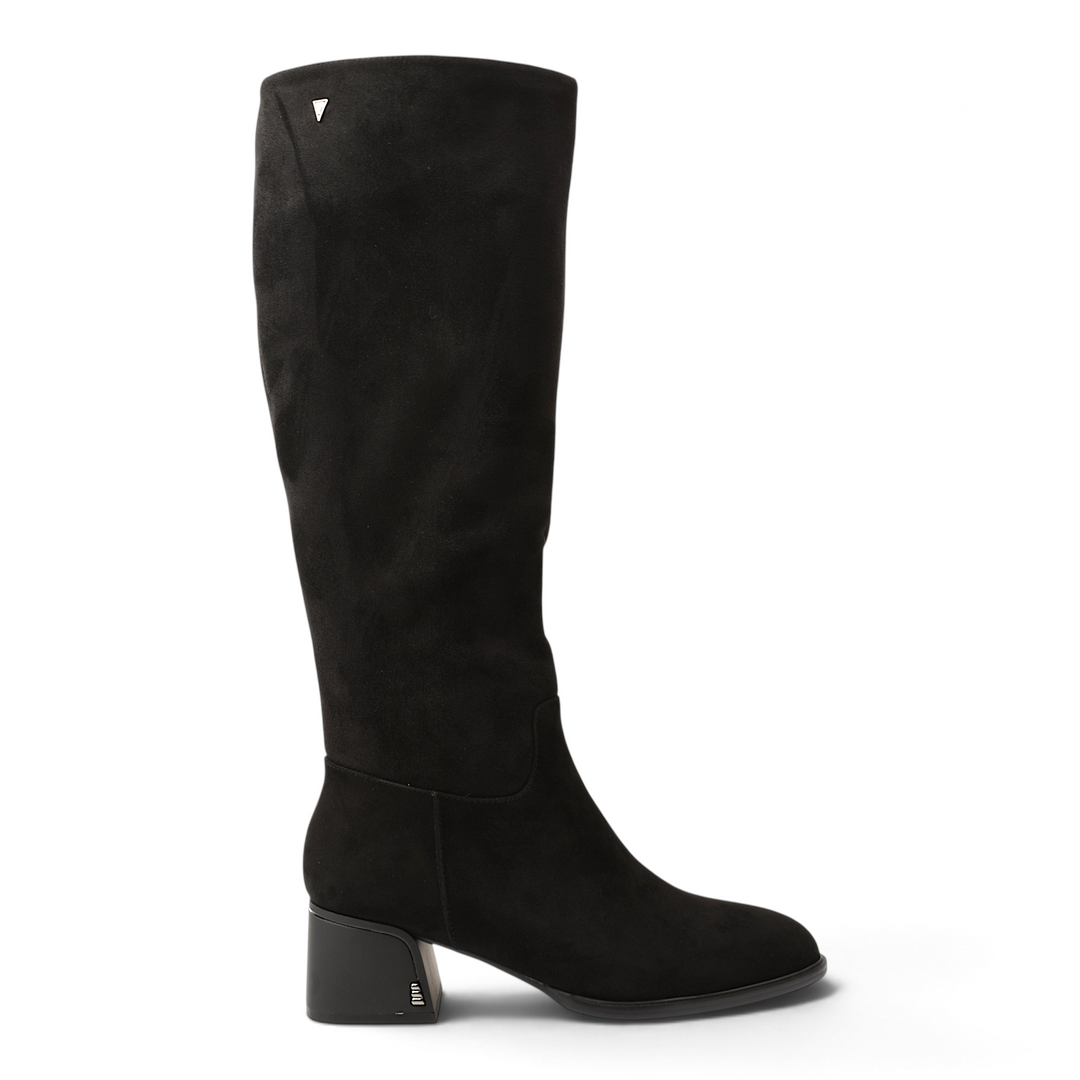 ada-shoes.ro black suede knee-high boots with a stable block heel and decorative metallic ankle strap detail