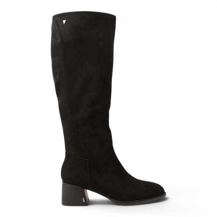 ada-shoes.ro black suede knee-high boots with a stable block heel and decorative metallic ankle strap detail