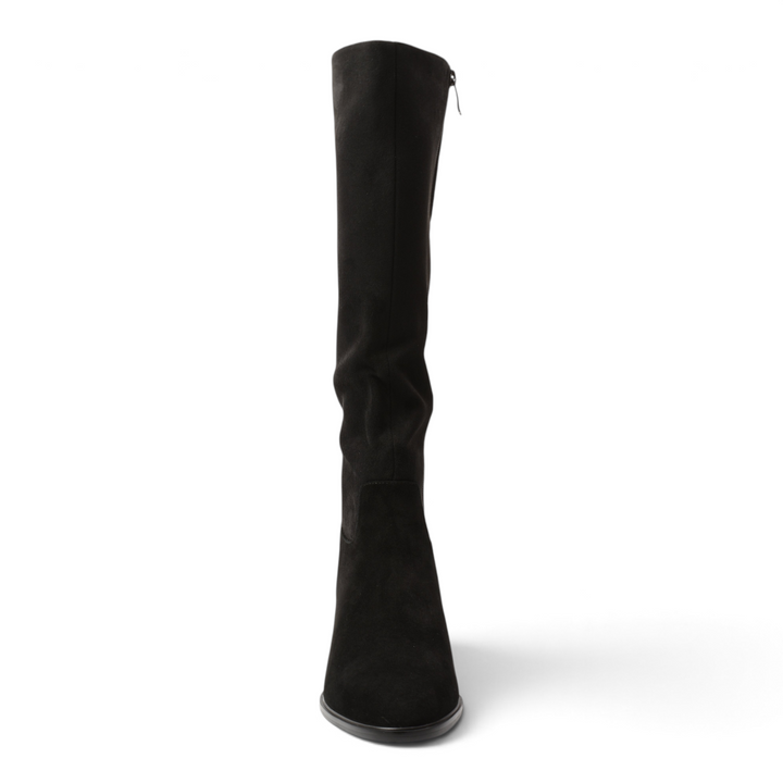 ada-shoes.ro Anna Viotti black suede knee-high boots with a stable heel and decorative ankle strap.