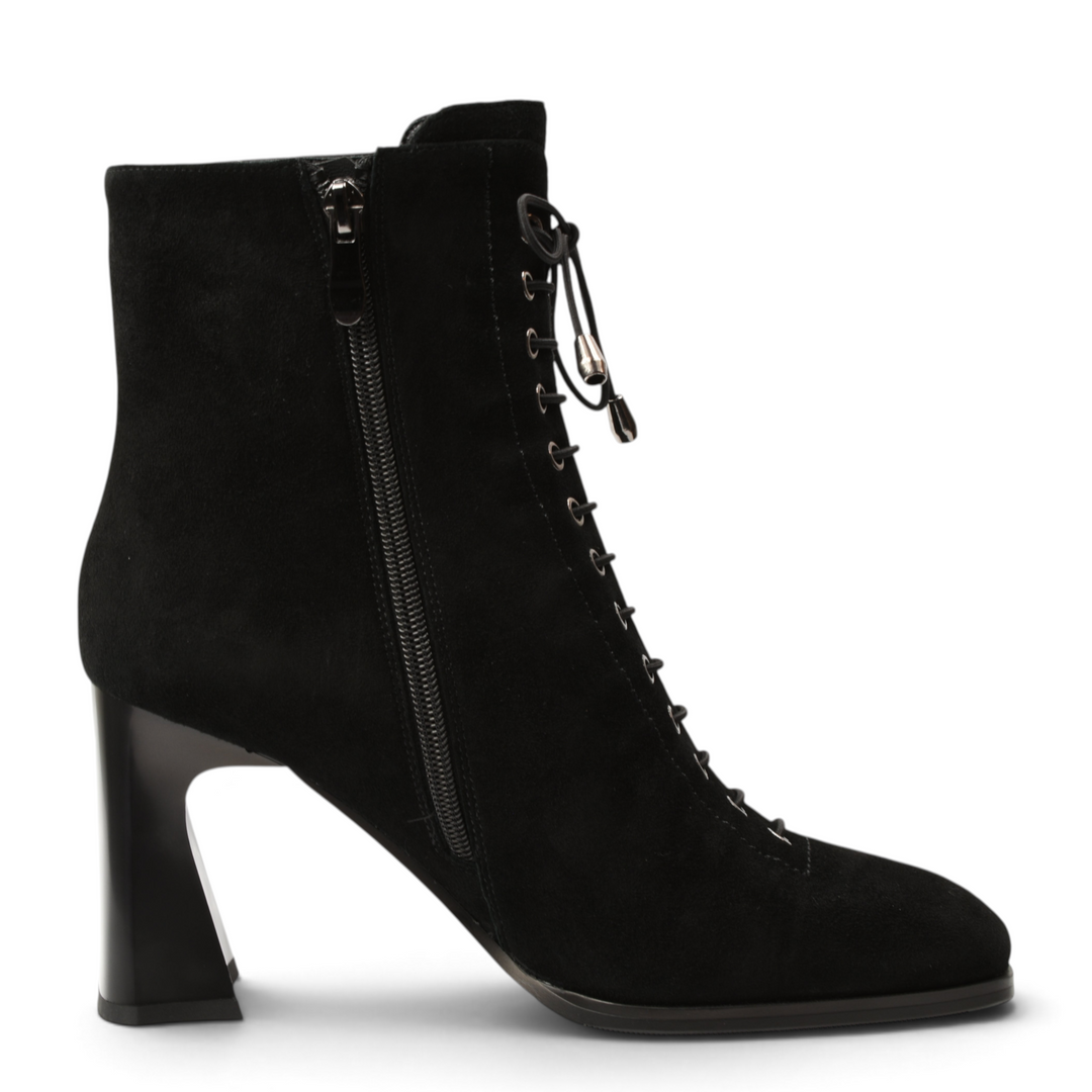 ada-shoes.ro Anna Viotti black suede lace-up ankle boots with a flared stiletto heel and side zipper