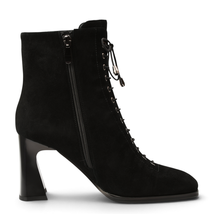 ada-shoes.ro Anna Viotti black suede lace-up ankle boots with a flared stiletto heel and side zipper