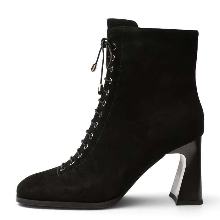 ada-shoes.ro Anna Viotti black suede ankle boots with lace-up front and flared block heel