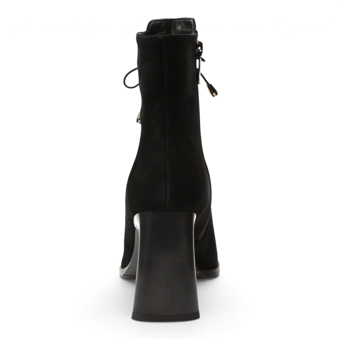 ada-shoes.ro Anna Viotti black suede ankle boots with a block heel, viewed from the back on a white background