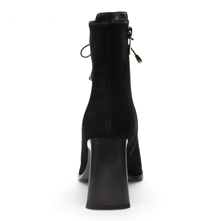 ada-shoes.ro Anna Viotti black suede ankle boots with a block heel, viewed from the back on a white background