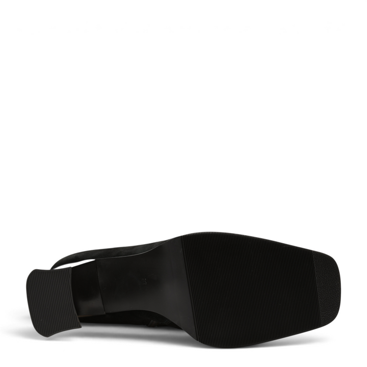 ada-shoes.ro Anna Viotti black suede ankle boot showing the textured rubber sole and block heel from below