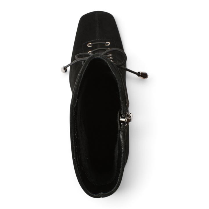ada-shoes.ro Anna Viotti black suede stiletto ankle boots with lace-up detail viewed from above