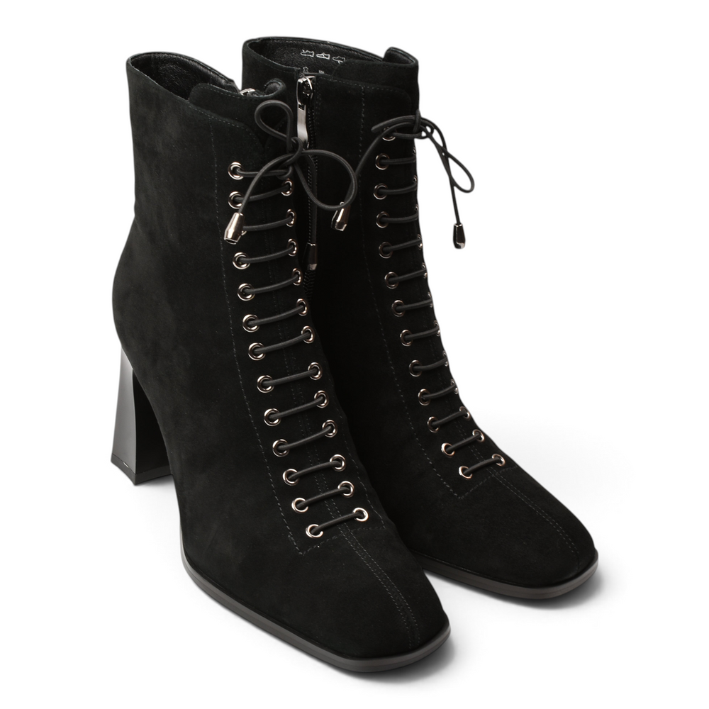 ada-shoes.ro Anna Viotti black suede lace-up ankle boots with block heels for women