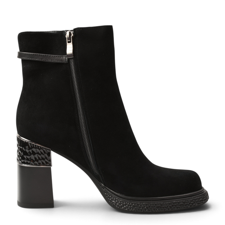 ada-shoes.ro black suede ankle boots with a chunky block heel, metallic textured detail, and side zipper closure.