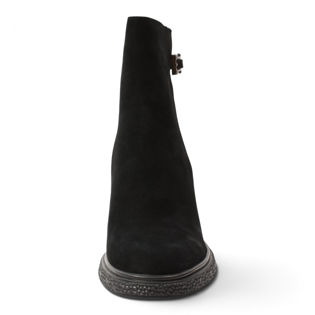 ada-shoes.ro black suede ankle boots with a thick heel, textured sole, and decorative side strap detail.