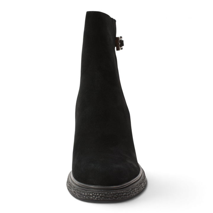 ada-shoes.ro black suede ankle boots with a thick heel, textured sole, and decorative side strap detail.